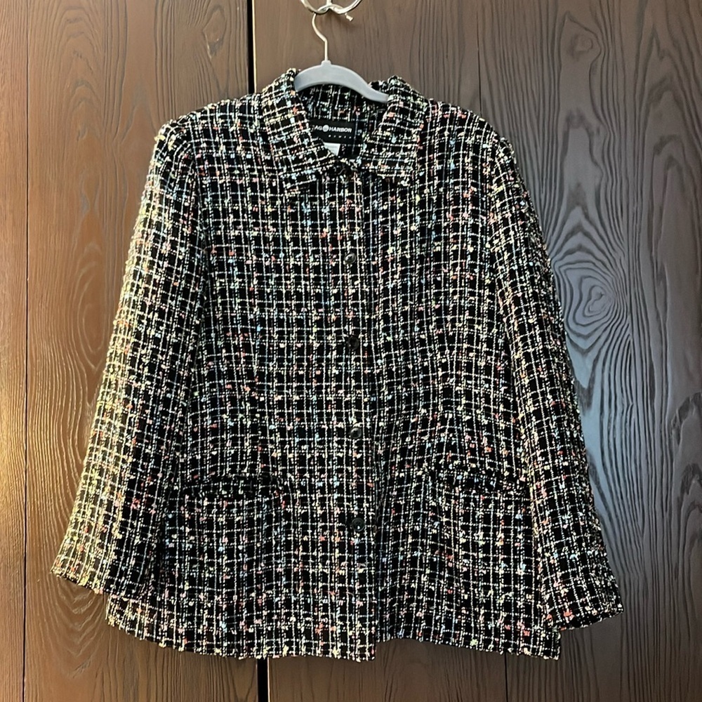 Sag Harbor woman black long sleeved jacket with multi-colored flecks. Size 16W